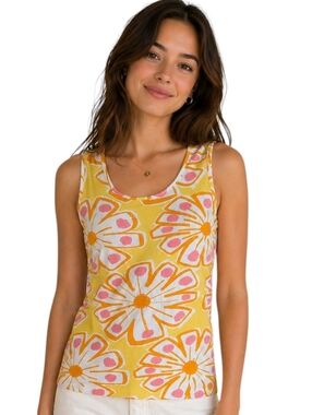 Marimekko Floral Tank Womens Large Retro Sleeveless Cotton Print Summer Yellow